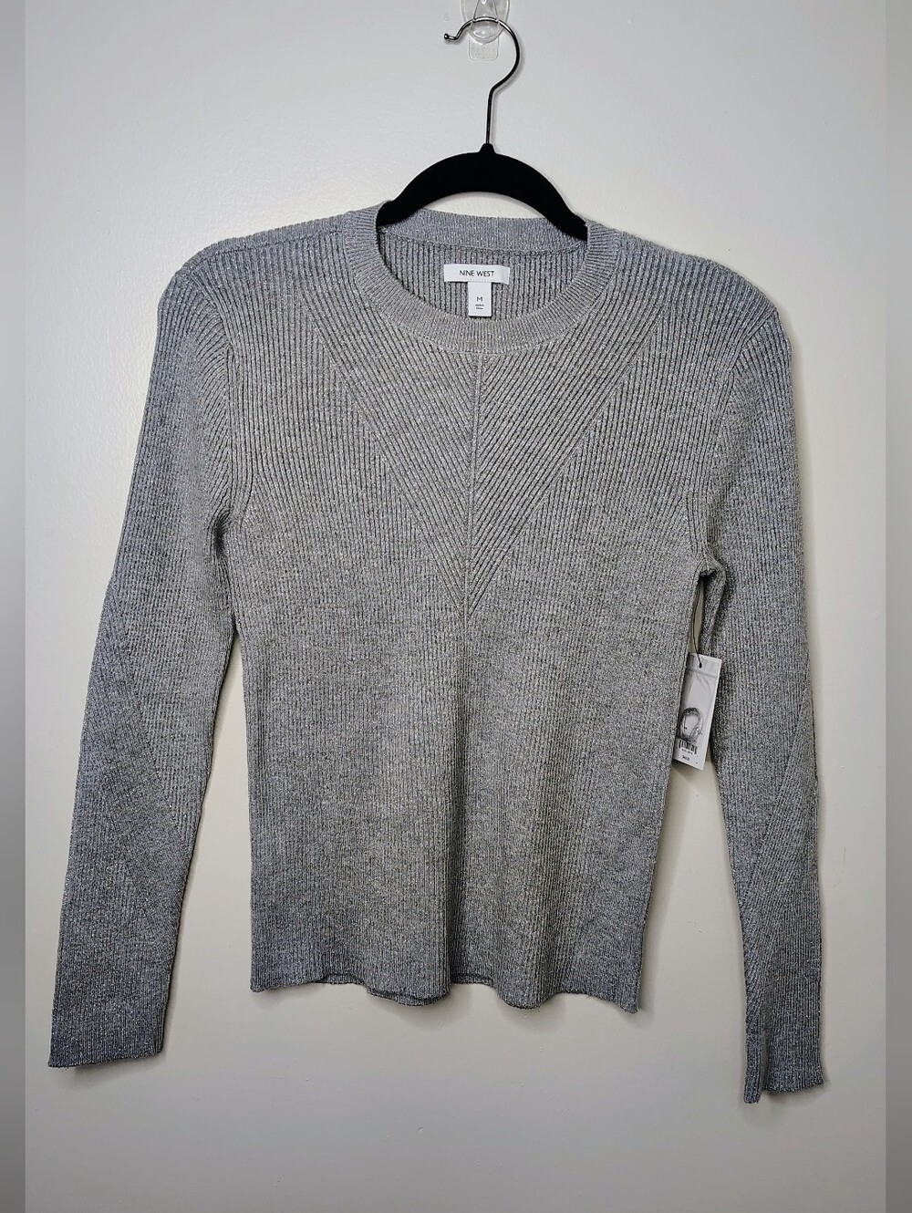 Nine West Metallic Silver Ribbed Sweater M Shimmer Long Sleeve NWT